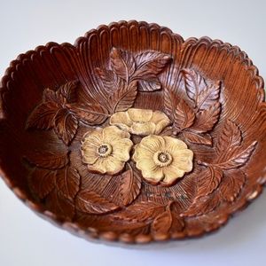 Vintage Brown Bowl with White Flower Design